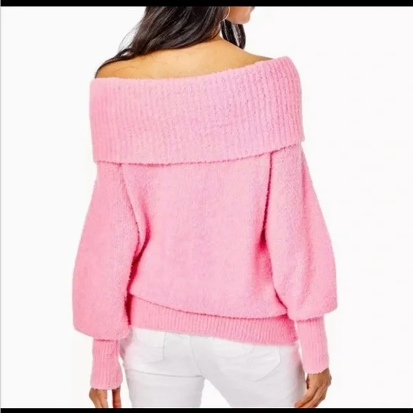 Lilly Pulitzer Barrymore Sweater Off The Shoulder Cowl Neck Boucle Pink Size L - Picture 2 of 6